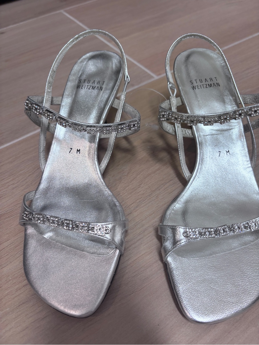 Stuart Weitzman Metallic Silver Crystal-Strap Slingback Sandals
